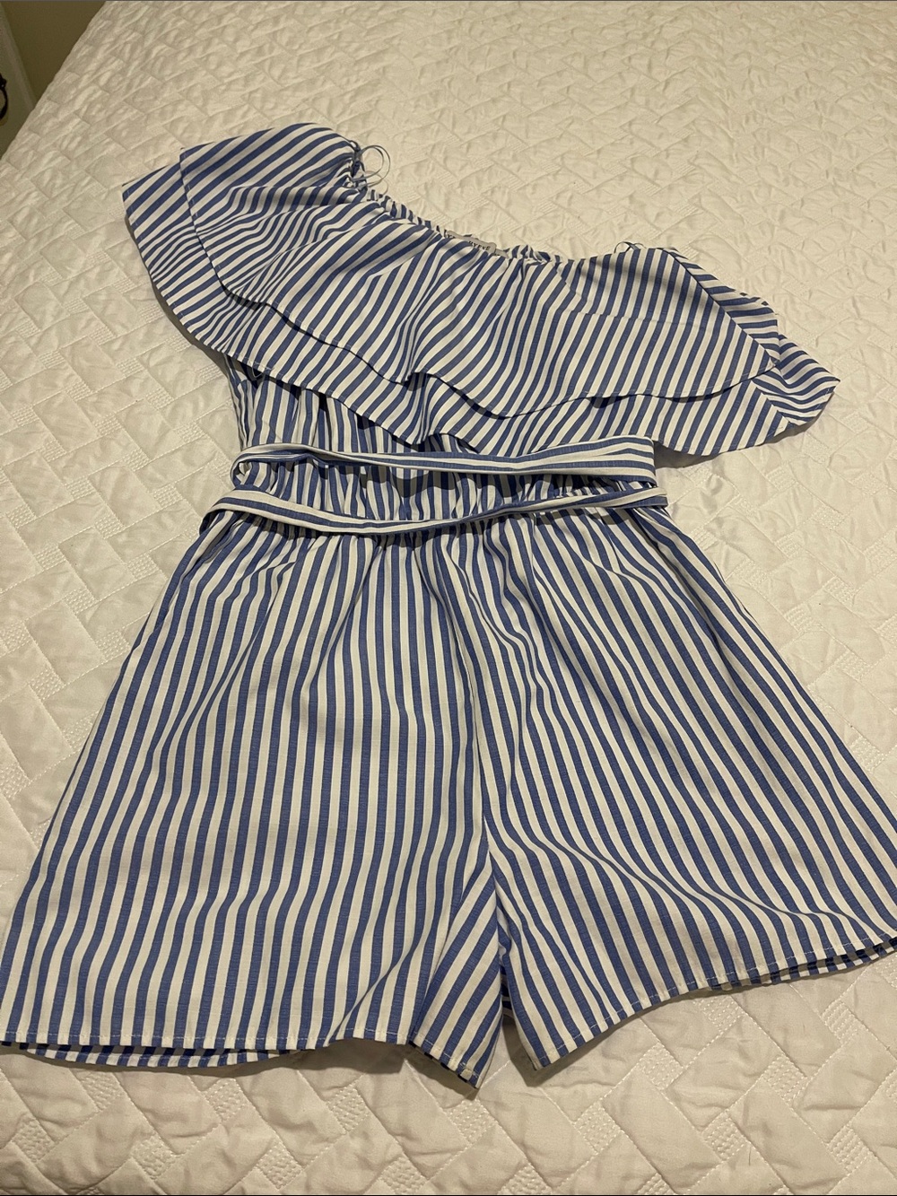 HYFVE Blue and White Striped Off-Shoulder Romper